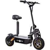 A black electric scooter with yellow wheels, showcasing a modern design suitable for urban commuting.